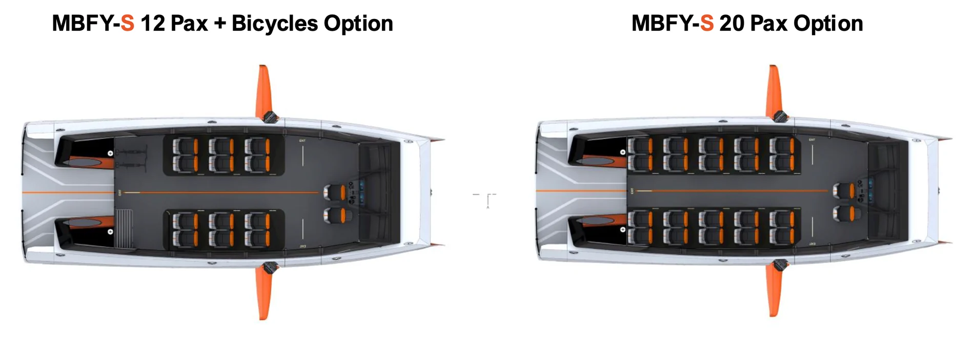 Top-down deck plans of the MBFY-S in its 12-passenger-plus-bicycles layout and its 20-passenger layout, showing seating, bicycle storage, the wheelhouse and boarding areas.