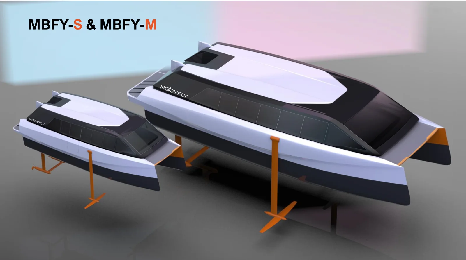 The MobyFly MBFY-S and MBFY-M zero-emission hydrofoil ferries shown side by side on their foils, in the MobyFly livery of white, dark grey and orange.