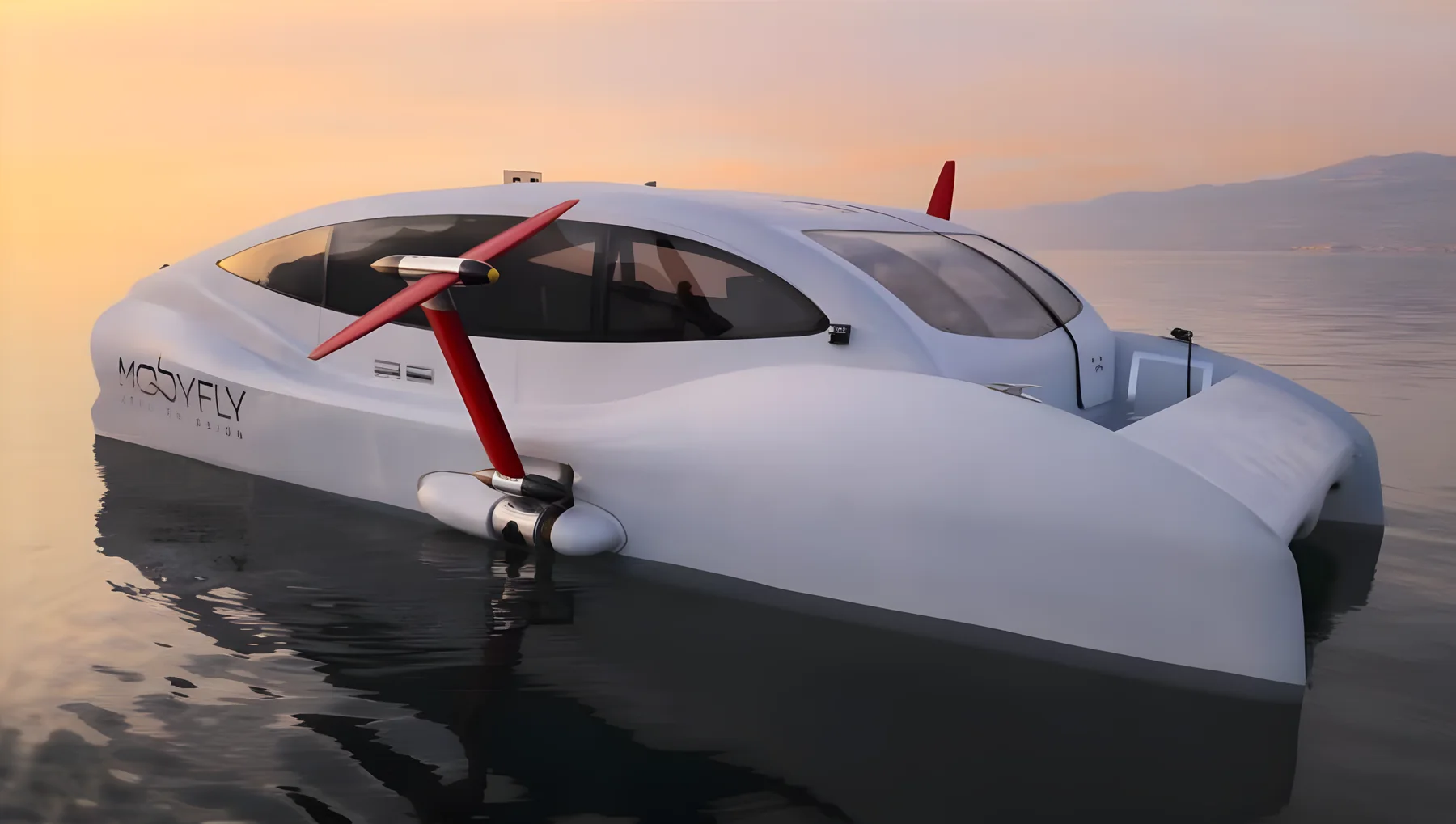 The MBFY-10 prototype moored at golden hour on a calm lake, with the foil raised clear of the water.